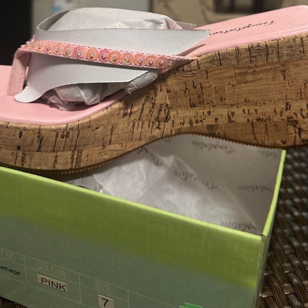 NIB Vintage Temptation Hit Hop Pink Sequin Cork Wedge Platforms Sz 7 7.5 8.5 Y2K